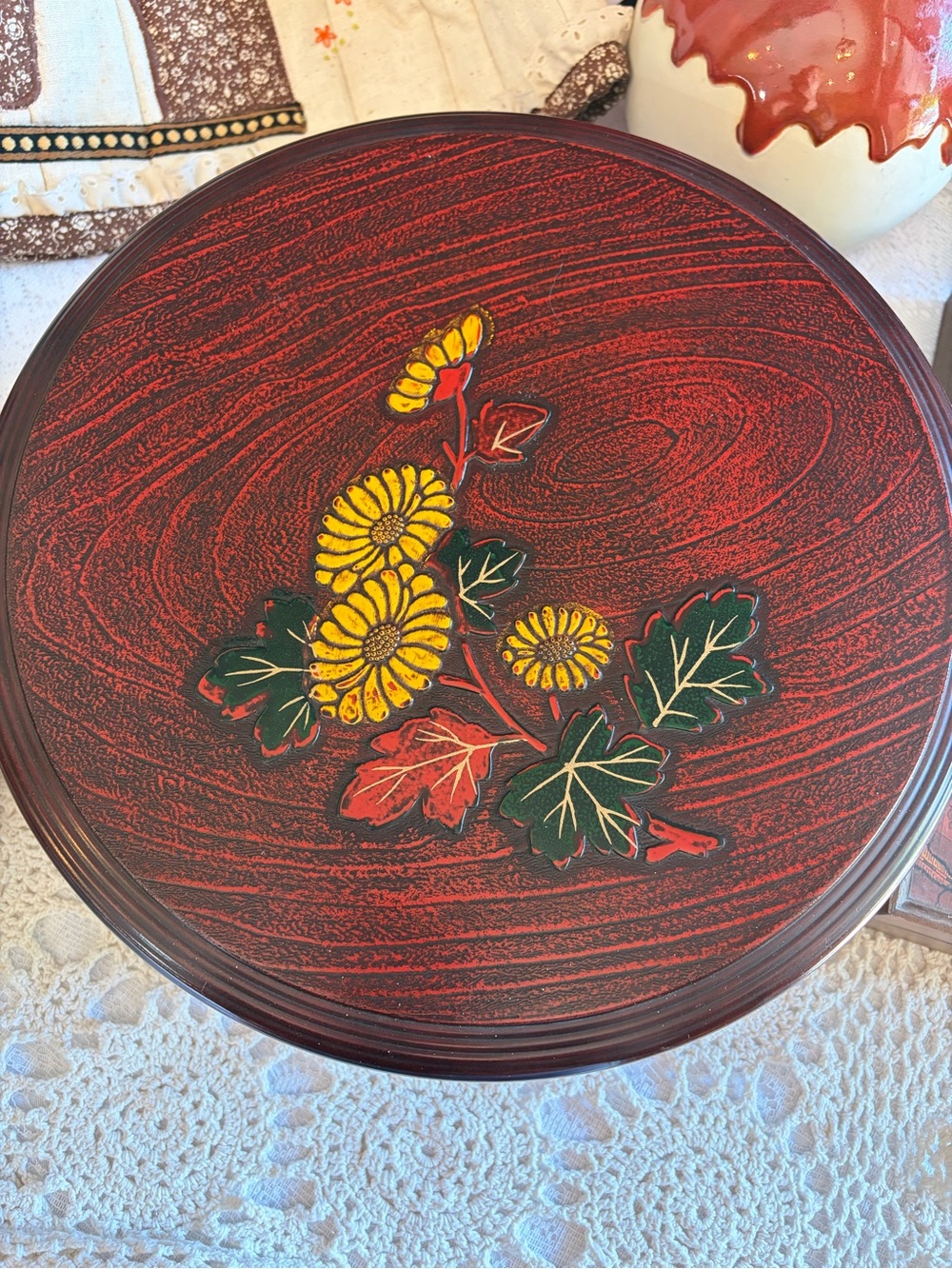 Round Red Decorative Box with Yellow Floral Motif